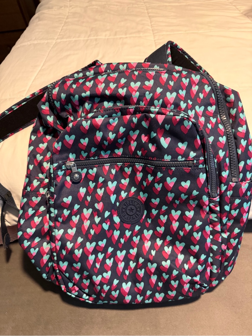 Kipling Navy Backpack with Pink & Teal Hearts, new never use.